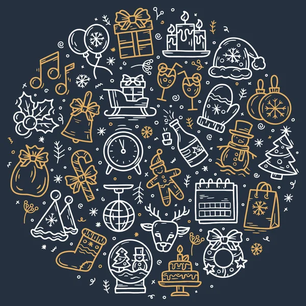 Yeni yıl ve Noel yuvarlak vektör doğrusal simgeleri karalama çizim tarzı