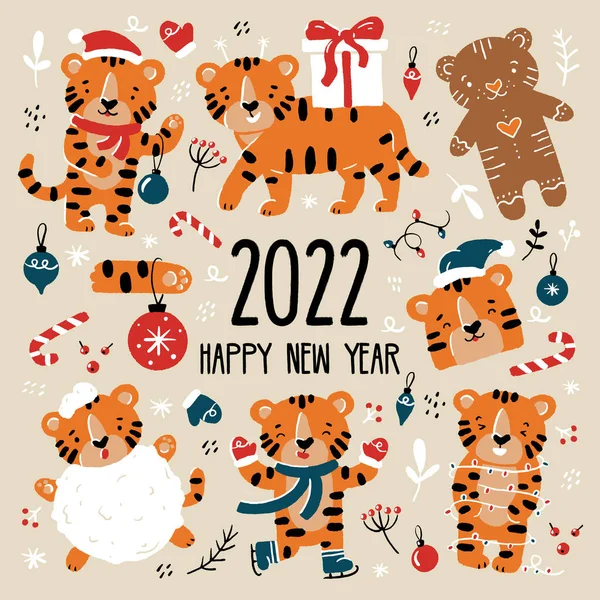 New Year and Christmas funny tiger cubs set in Santa Claus costumes. — Stock Vector