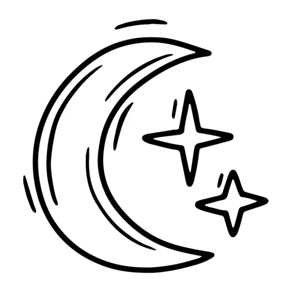 Bulan ajaib dengan bintang-bintang Vektor linear dalam gaya sketsa - Stok Vektor