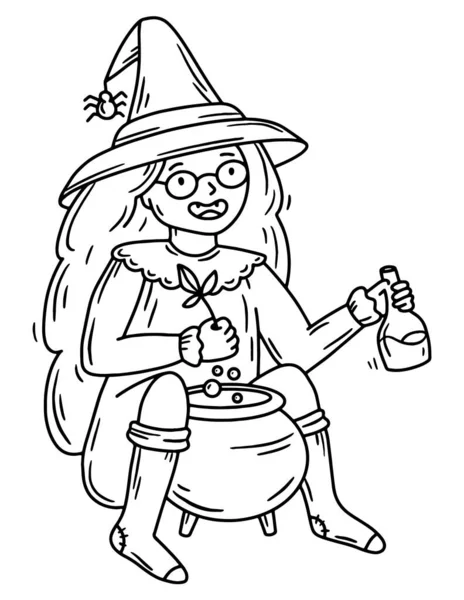 A boszorkány lány főz egy bájitalt boldog Halloween lineáris vektor illusztráció firka stílusban — Stock Vector