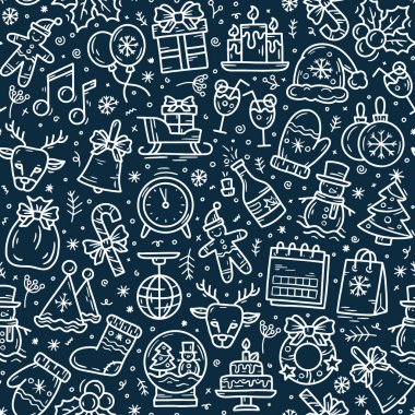 Yeni yıl ve Noel mavisi çizim tarzında kusursuz desen