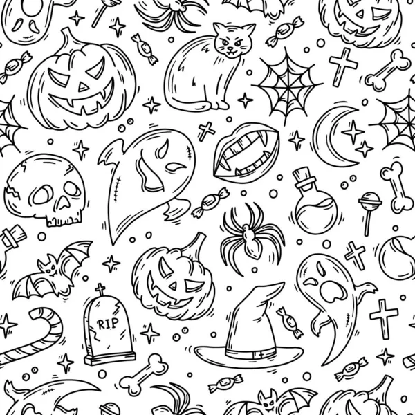 Halloween seamless pattern with magic icons in doodle style — Stock Vector