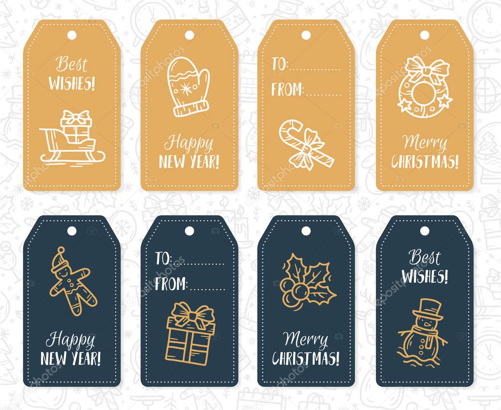 New Year and Christmas gift paper labels and tags with vector icons