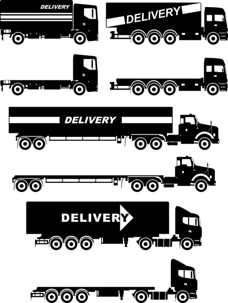 Uppsättning av olika siluetter leverans lastbilar isolerad på vit bakgrund. Vektor illustration. — Stock vektor