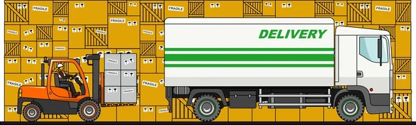 El proceso de carga con carretilla elevadora, camión, furgoneta y cajas aisladas sobre fondo blanco en estilo plano. Ilustración vectorial . — Vector de stock