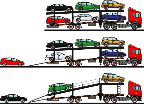 Set von Autotransportern isoliert auf weißem Hintergrund in flachem Stil in verschiedenen Positionen. Vektorillustration. — Stockvektor