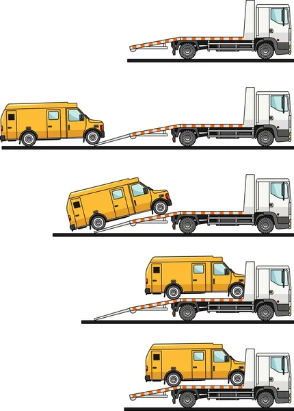 Uppsättning av auto transportör och van isolerad på vit bakgrund med platt stil i olika positioner. Vektor illustration. — Stock vektor