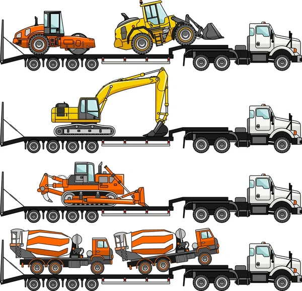 Conjunto de transportadores automáticos y máquinas de construcción pesada aisladas sobre fondo blanco en estilo plano en diferentes posiciones. Ilustración vectorial . — Archivo Imágenes Vectoriales