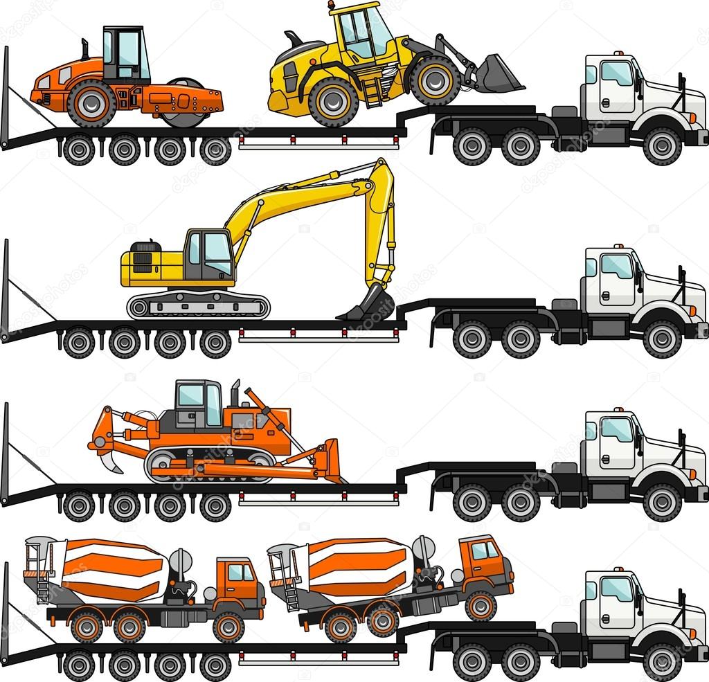 Set of auto transporter and heavy construction machines isolated on white background in flat style in different positions. Vector illustration.