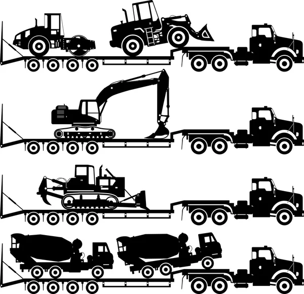 Set silhouetten auto transporter en zware bouwmachines geïsoleerd op een witte achtergrond in verschillende posities. Vectorillustratie. — Stockvector