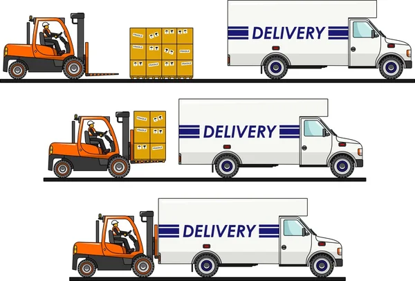 Процесс загрузки вилочным погрузчиком, грузовиком, фургоном и коробками изолирован на белом фоне в плоском стиле. Векторная иллюстрация . — стоковый вектор