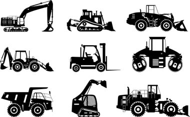 Set of silhouettes heavy construction and mining machines isolated on white background. Vector illustration.