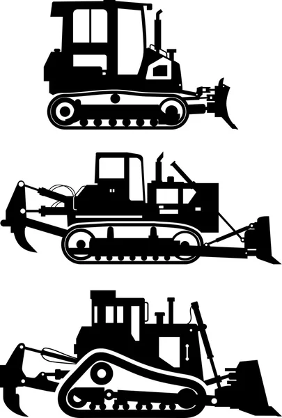Set of different silhouettes dozers isolated on white background. Heavy construction and mining machines. Vector illustration. — Stock Vector