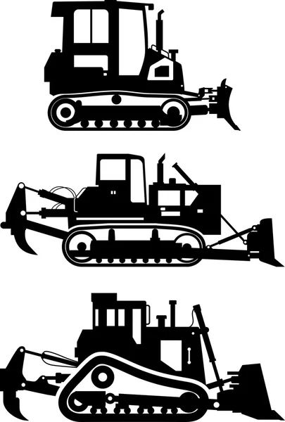 Uppsättning av olika siluetter schaktmaskiner isolerad på vit bakgrund. Tung konstruktion och gruvmaskiner. Vektor illustration. — Stock vektor