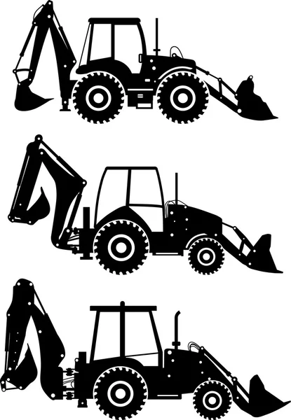 Set of different silhouettes backhoe loaders isolated on white background. Heavy construction and mining machines. Vector illustration. — Stock Vector