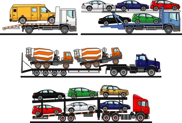 Set verschiedener Autotransporter isoliert auf weißem Hintergrund in flachem Stil. Vektorillustration. — Stockvektor