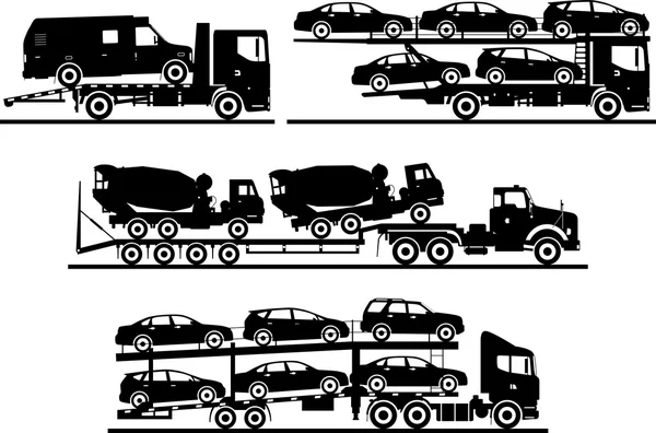 Zbiór różnych sylwetki auto lawety na białym tle. Ilustracja wektorowa. — Wektor stockowy