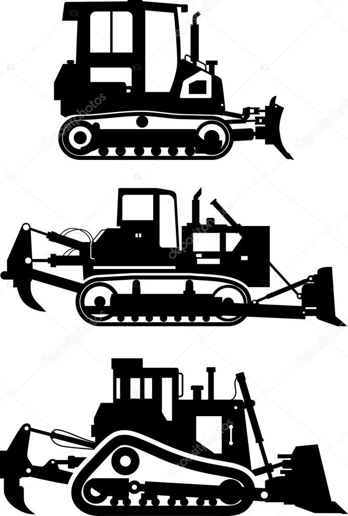 Set of different silhouettes dozers isolated on white background. Heavy construction and mining machines. Vector illustration.