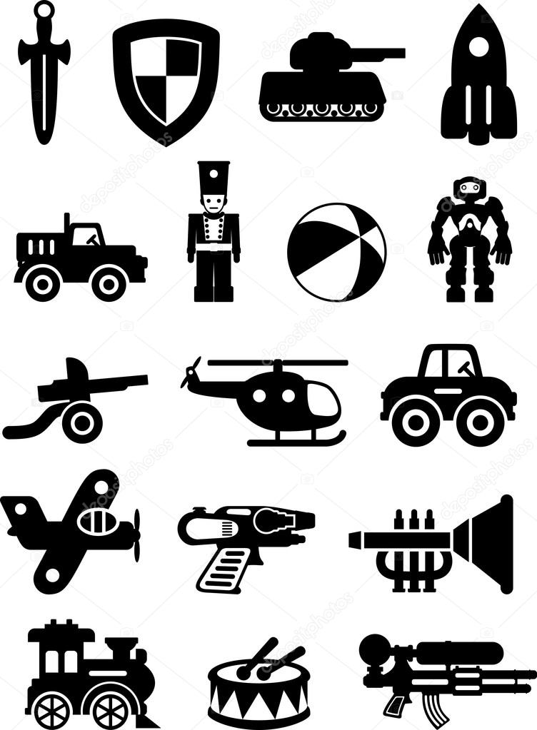 Set of different silhouettes children toys isolated on white background.