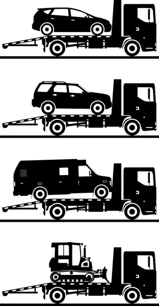 Conjunto de diferentes siluetas transportadores de automóviles aislados sobre fondo blanco. Ilustración vectorial . — Vector de stock