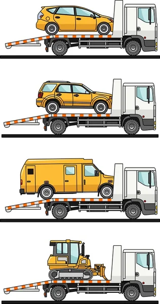 Conjunto de diferentes transportadores de automóviles aislados sobre fondo blanco en estilo plano. Ilustración vectorial . — Vector de stock