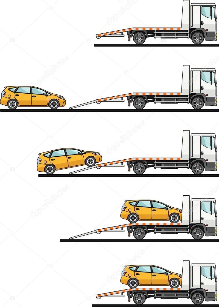 Set of auto transporter and car isolated on white background in flat style in different positions. Vector illustration.