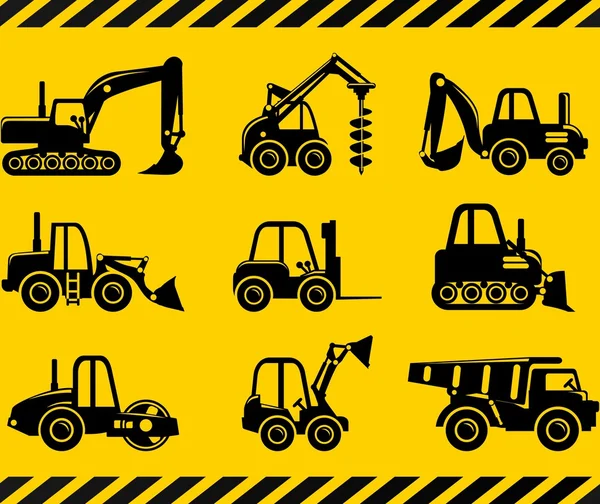 Set of silhouette toys heavy construction machines in a flat style. — Stock Vector