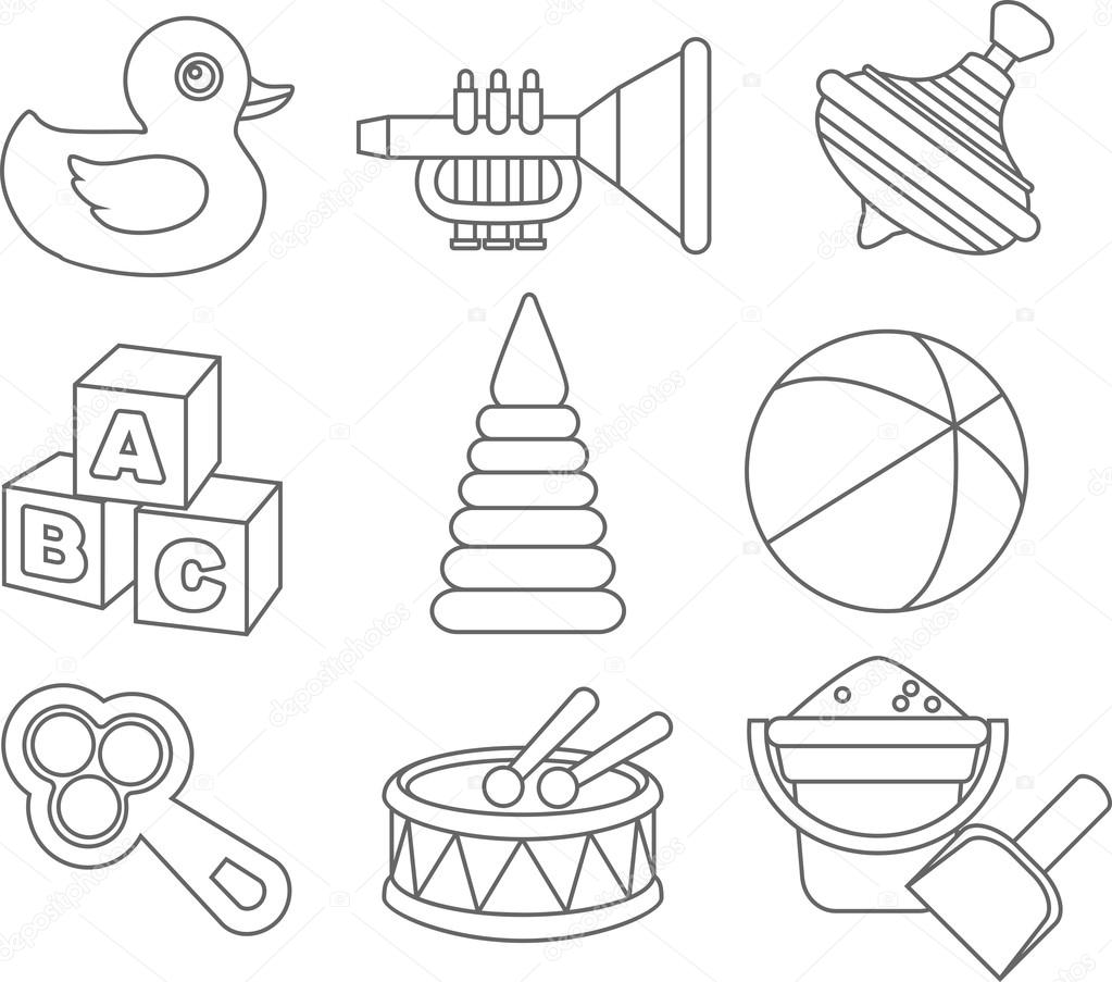 Set of different silhouettes children toys flat linear vector icons isolated on white background. Vector illustration.