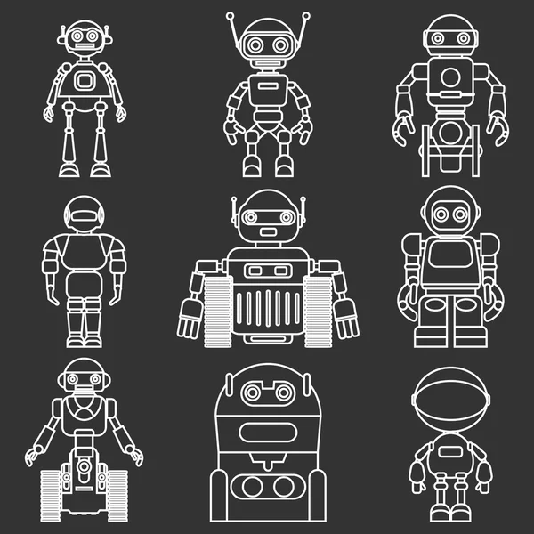 Conjunto de diferentes robots siluetas planas iconos vectoriales lineales aislados sobre fondo negro. Ilustración vectorial . — Archivo Imágenes Vectoriales