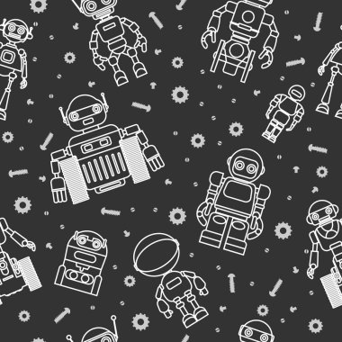 Düz siyah arka plan üzerine doğrusal model modern sorunsuz robotlar ve cogwheels. Vektör çizim.
