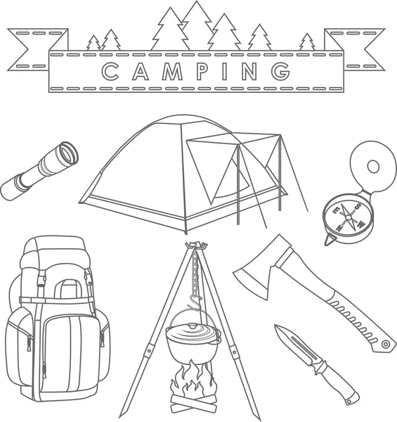 Set van verschillende silhouetten camping uitrusting en objecten lineaire vector iconen geïsoleerd op een witte achtergrond. Vectorillustratie. — Stockvector