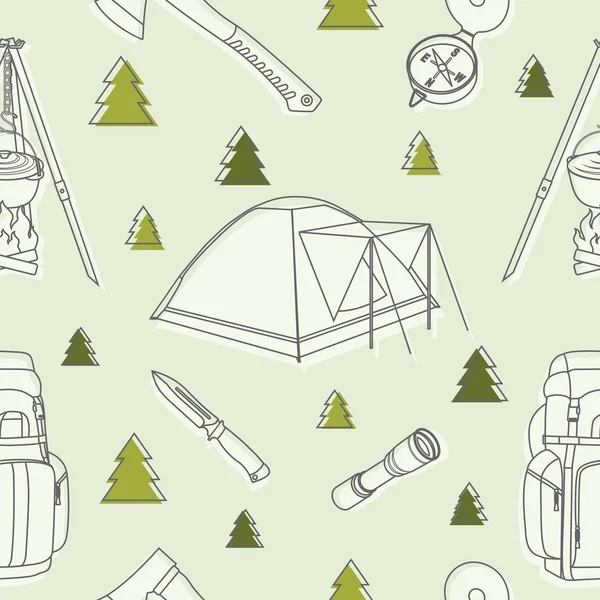 Moderno equipo de campamento sin costura y el patrón lineal de objetos en el fondo. Ilustración vectorial . — Vector de stock