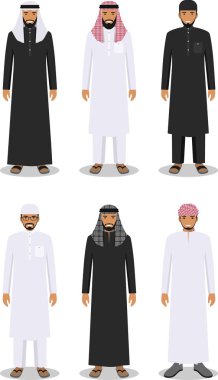 Farklı ayakta Arap erkekler düz tarzında beyaz arka plan üzerinde izole geleneksel Müslüman Arap kılığına girmiş kümesi. Arap geleneksel Müslüman, Arap giyim, Doğu Arap elbise. Vektör