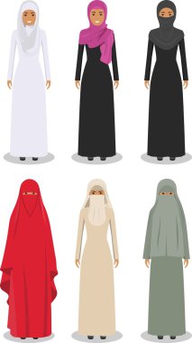 Conjunto de diferentes mujeres arabes de pie en la ropa arabe musulmana tradicional aislada sobre fondo blanco en estilo plano. Arabe tradicional musulman ropa arabe vestido arabe oriental. Vector Vec...