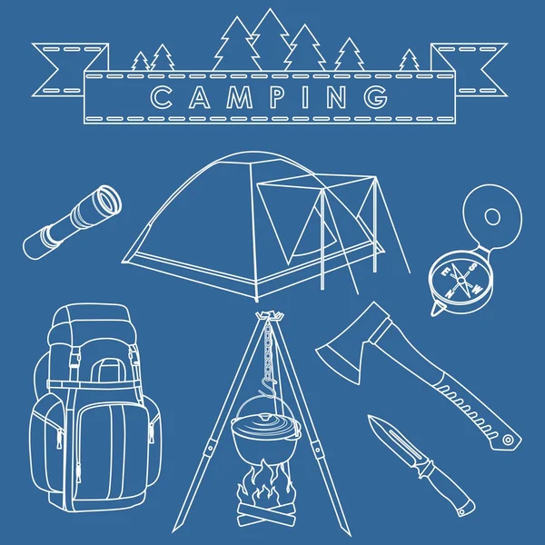 Set von verschiedenen Silhouetten Campingausrüstung und Objekte lineare Vektorsymbole isoliert auf blauem Hintergrund. Vektorillustration. — Stockvektor