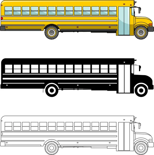 Ônibus escolar tipo diferente isolado no fundo branco em estilo plano: colorido, silhueta preta e contorno. Ilustração vetorial . — Vetor de Stock