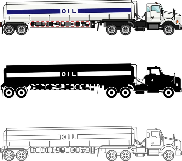 Diferentes tipos de camiones de gasolina aislados sobre fondo blanco en estilo plano: silueta de color, negro y contorno. Ilustración vectorial . — Vector de stock