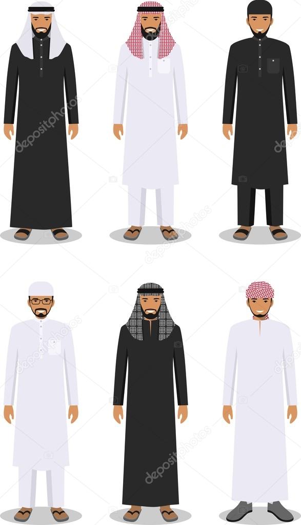 Set of different standing arab men in the traditional muslim arabic clothing  isolated on white background in flat style. Arab traditional muslim, arabic  clothing, east arabian dress. Vector Stock Vector by ©yustus