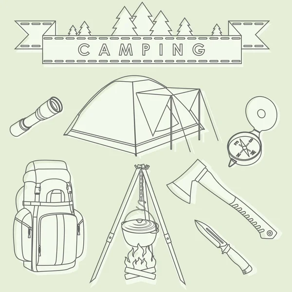 Zbiór różnych sylwetki camping urządzeń i obiektów liniowych wektorowe ikony na białym tle. Ilustracja wektorowa. — Wektor stockowy