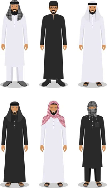 Conjunto de diferentes homens árabes em pé na tradicional roupa árabe muçulmana isolado no fundo branco em estilo plano. Muslim tradicional árabe, roupas árabes, vestido árabe leste. Vetor —  Vetores de Stock