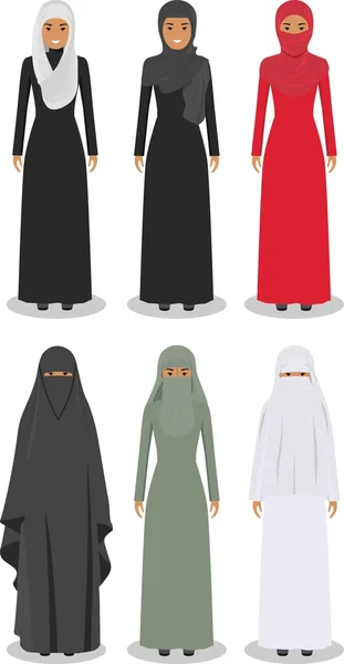 Set of different standing arab women in the traditional muslim arabic clothing isolated on white background in flat style. Arab traditional muslim, arabic clothing, east arabian dress. Vector — Stock Vector