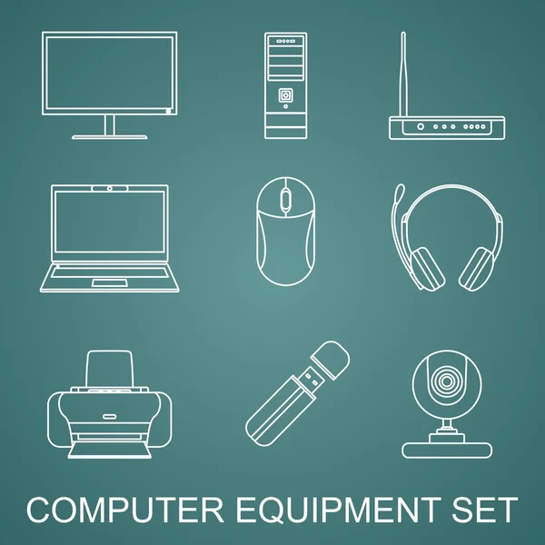 Digital computer equipment set. Set of different silhouettes digital devices and tools linear vector icons isolated on green background. Vector illustration. — Stock Vector