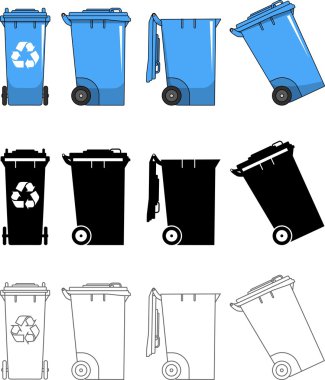 Farklı tür dumpsters düz tarzında beyaz arka plan üzerinde izole: renkli, siyah siluet ve dağılımı. Vektör çizim.