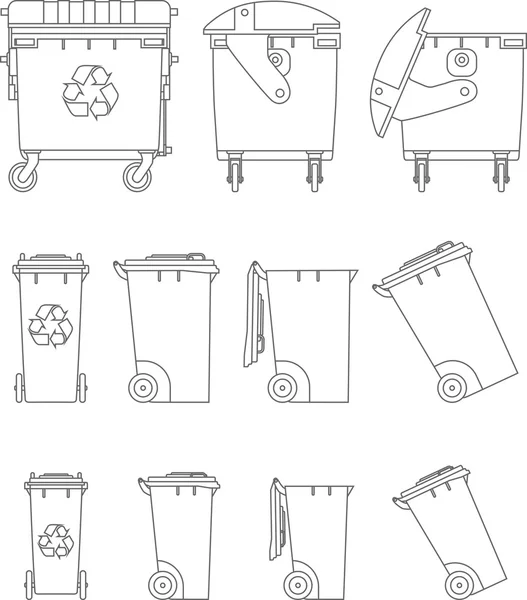 Uppsättning av olika silhuetter dumpsters linjär vector ikoner isolerad på vit bakgrund. Vektor illustration. — Stock vektor