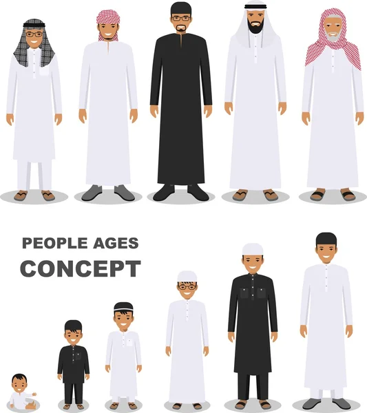 Pessoas árabes gerações em diferentes idades isoladas em fundo branco em estilo plano. Homem árabe envelhecimento: bebê, criança, adolescente, jovem, adulto, pessoas idosas. Ilustração vetorial . —  Vetores de Stock