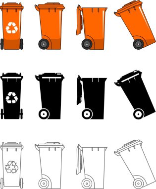 Farklı tür dumpsters düz tarzında beyaz arka plan üzerinde izole: renkli, siyah siluet ve dağılımı. Vektör çizim.