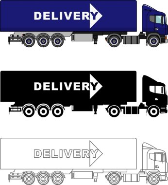 Different kind delivery trucks isolated on white background in flat style: colored, black silhouette and contour. Vector illustration.