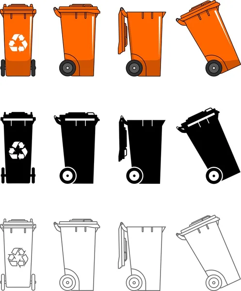 Poubelles de différents types isolées sur fond blanc dans un style plat : couleur, silhouette noire et contour. Illustration vectorielle . — Image vectorielle