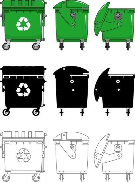 Basureros de diferentes tipos aislados sobre fondo blanco en estilo plano: silueta y contorno de color negro. Ilustración vectorial . — Vector de stock