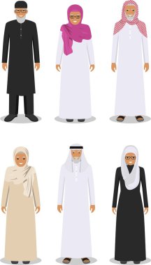 Farklı ayakta Arap yaşlı insanlar düz tarzında beyaz arka plan üzerinde izole geleneksel Müslüman Arap kılığına girmiş kümesi. Arap geleneksel Müslüman, Arap giyim, Doğu Arap elbise. Vektör